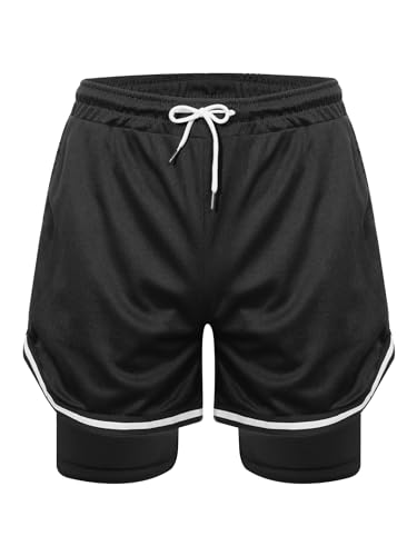 inhzoy Kinder Jungen 2 in 1 Sport Shorts Schnelltrocknend Laufshorts mit Taschen Sommer Sport Kurze Hosen Jogging Workout Fitnesshose Schwarz_A 140-146 von inhzoy