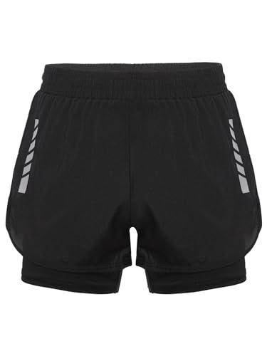 inhzoy Kinder Jungen 2 in 1 Sport Shorts Schnelltrocknend Laufshorts mit Taschen Sommer Sport Kurze Hosen Jogging Workout Fitnesshose Schwarz_B 146-152 von inhzoy