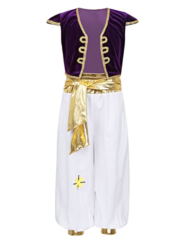 inhzoy Kinder Jungen Arabischer Orientalischer Prinz Arabische Kleidung Fasching Karneval Märchen Flaschengeist Verkleidung Outfit Violett 98-104/3-4 Jahre von inhzoy