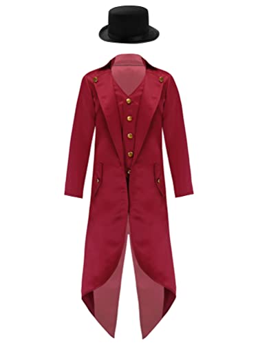 inhzoy Kinder Jungen Vintage Steampunk Frack Jacke Gothic Mittelalterlicher Gehrock Anzug Mantel Und Hut Gericht Uniform Burgundy 122-128 von inhzoy