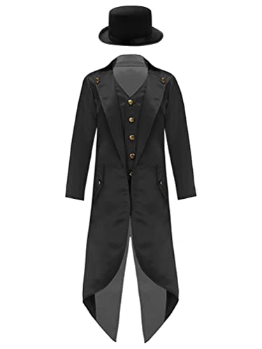 inhzoy Kinder Jungen Vintage Steampunk Frack Jacke Gothic Mittelalterlicher Gehrock Anzug Mantel Und Hut Gericht Uniform Schwarz 134-140 von inhzoy
