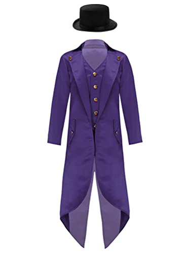 inhzoy Kinder Jungen Vintage Steampunk Frack Jacke Gothic Mittelalterlicher Gehrock Anzug Mantel Und Hut Gericht Uniform Violett 146-152 von inhzoy