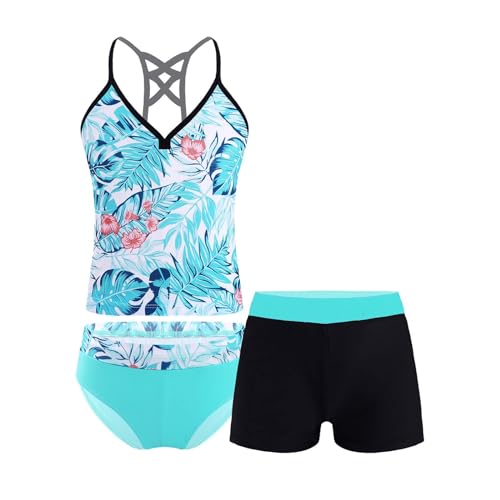 inhzoy Kinder Mädchen Bikini Tankini Set 3 TLG. Badeanzug Bikini Tankini Oberteil Und Badeslip Shorts Sommer Swimsuit Sonnenanzug Grün D 170-176 von inhzoy