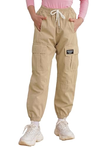 inhzoy Kinder Mädchen Cargohose Kordelzug Jogginghose Trainingshose Mit Taschen Hip Hop Streetdance Tanzhose Streetwear Loungepants Beige 134-140 von inhzoy