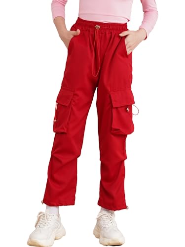 inhzoy Kinder Mädchen Cargohose Kordelzug Jogginghose Trainingshose Mit Taschen Hip Hop Streetdance Tanzhose Streetwear Loungepants Neu-E-Rot 164-170 von inhzoy