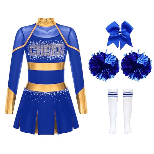 inhzoy Kinder Mädchen Cheerleading Uniform Cheer Leaderin Kleid Cheerleading Pompons Socken Fasching Faschnacht Party Tanzkleidung Blau_C 110-116 von inhzoy