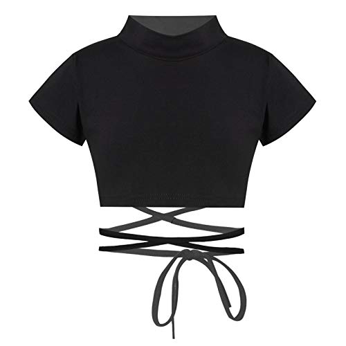 inhzoy Kinder Mädchen Crop Top Bauchfrei Ballett Tanz Oberteile Sommer Sport Casual Shirt Pullover Kurz Atmungsaktiv Schwarz_E 146-152/11-12 Jahre von inhzoy