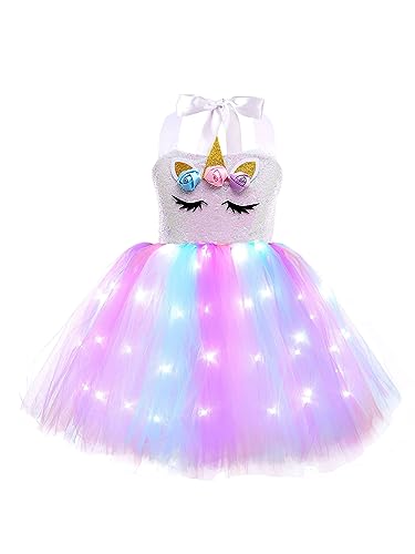 inhzoy Kinder Mädchen Prinzessin Kleider Pailletten Einhörner Meerjungfrau Kleider Karneval Partykleid Tüllkleid Leuchtende Regenbogen Rock A 92-104/2-4 Jahre von inhzoy