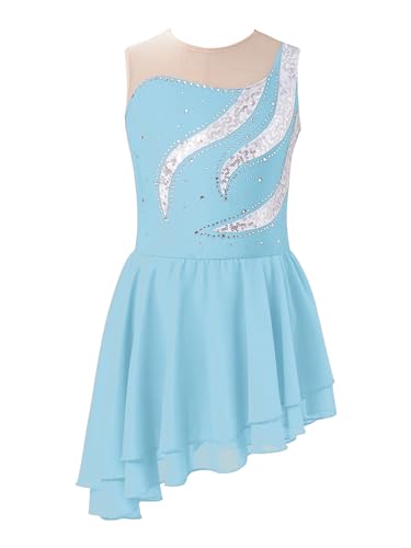 inhzoy Kinder Mädchen Eiskunstlauf Kleid Glitzer Strass Rollkunstlauf Kürkleider Tanzbody Ballett Leotard Mit Asymetrisch Rock Gymnastik Tanzkostüm Hellblau_A 122-128 von inhzoy