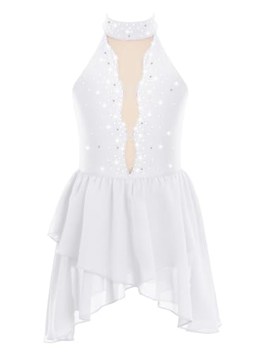 inhzoy Kinder Mädchen Eiskunstlauf Kleid Glitzer Strass Rollkunstlauf Kürkleider Tanzbody Ballett Leotard Mit Asymetrisch Rock Gymnastik Tanzkostüm Weiß_D 122-128 von inhzoy