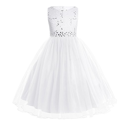 inhzoy Kinder Mädchen Festliches Kleid Blumenmädchen Kleid Brautjungfernkleid Lang Pailletten Spitzenkleid Tutu Festzug Partykleid Gr. 92-164 White 140/10 Jahre von inhzoy