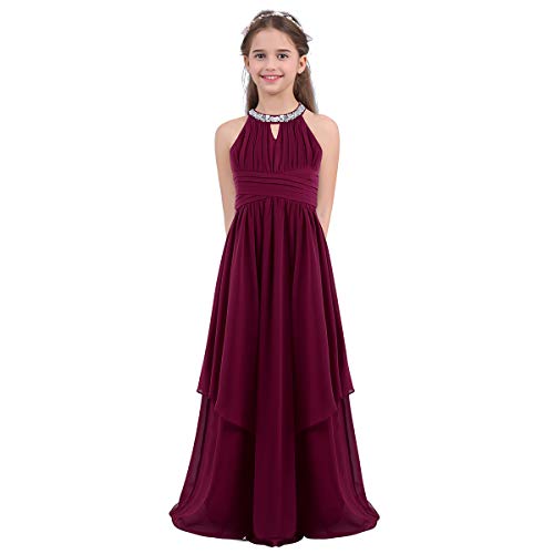 inhzoy Kinder Mädchen Festliches Kleid Chiffon Kleider Neckholder Hochzeit Blumenmädchenkleid Abend Partykleid Abschlussballkleid Burgundy 128/8 Jahre von inhzoy