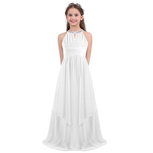 inhzoy Kinder Mädchen Festliches Kleid Chiffon Kleider Neckholder Hochzeit Blumenmädchenkleid Abend Partykleid Abschlussballkleid Elfenbein 152/12 Jahre von inhzoy