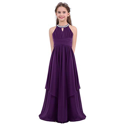 inhzoy Kinder Mädchen Festliches Kleid Chiffon Kleider Neckholder Hochzeit Blumenmädchenkleid Abend Partykleid Abschlussballkleid Violett 128/8 Jahre von inhzoy