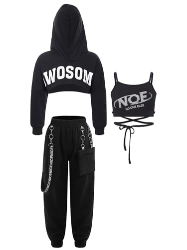 inhzoy Kinder Mädchen Hip Hop Street Dance Kleidung Hooded Crop Top Sport BH Unterhemd Jogger Cargohose Set Tanzanzug Sportswear Schwarz_K 158-164 von inhzoy