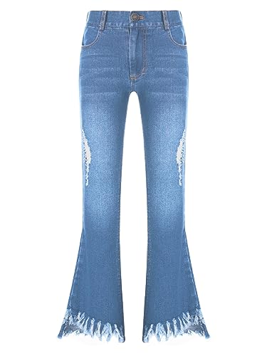 inhzoy Kinder Mädchen Jeans Schlaghosen High Waist Stretch Skinny Zerrissenen Jeanshose Schlag Leggings MIit Quasten-Saum Hellblau 158-164 von inhzoy