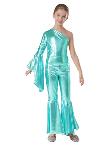 inhzoy Kinder Mädchen Jumpsuit Glänzende Metallic 70er 80er Disco Overall Ganzanzug Turnanzug Gymnastik Trikot Tanztrikot Space Girl Performance Outfit Blaugrün_A 110-116 von inhzoy