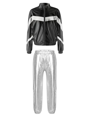 inhzoy Kinder Mädchen Jungen Sportanzug Glänzend Hip Hop Jazz Tanz Kleidung Training Laufen Sweatsuit Metallic Sweatjacke Und Baggy Trainingshose Schwarz&Silber_E 158-164 von inhzoy