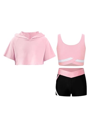 inhzoy Kinder Mädchen Kleidung Set Sommer Sport Trainingsanzug 3er Kurzarm Hoodie Crop Tank Top Und Shorts Workout Laufen Outfit Rosa_A 134-140 von inhzoy