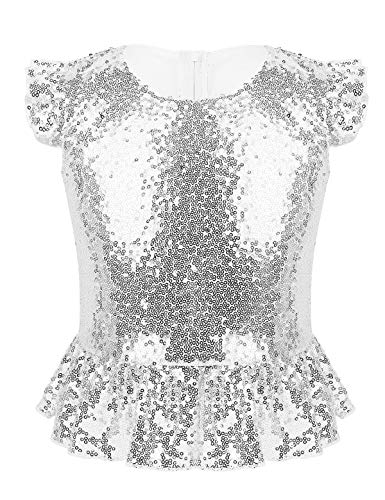 inhzoy Kinder Mädchen Pailletten Top T-Shirt Glitzer Shirt Oberteil Glitter Top Tanzoberteile Party Fest Geburtstag Verkleidung Silber 146-152/11-12 Jahre von inhzoy