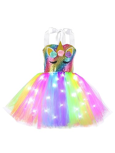 inhzoy Kinder Mädchen Prinzessin Kleider Pailletten Einhörner Meerjungfrau Kleider Karneval Partykleid Tüllkleid Leuchtende Regenbogen Rock B 104-116 von inhzoy