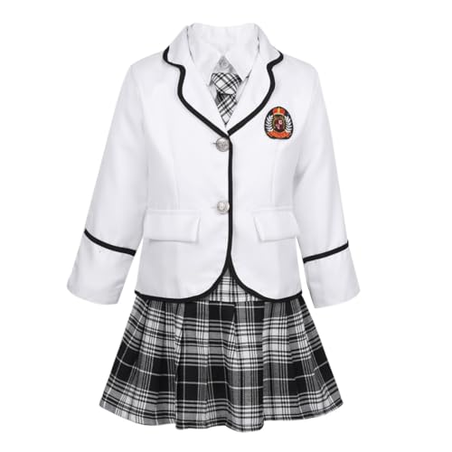 inhzoy Kinder Mädchen Schuluniform Japan Anime Anzug Jacke mit Hemd Karierter Minirock und Krawatte Set Weiß 152-164 von inhzoy