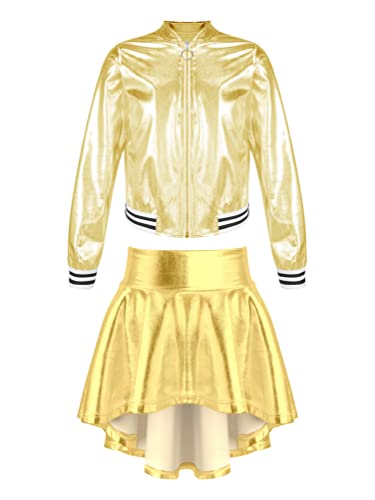 inhzoy Kinder Mädchen Shiny Tanz Outfit Metallic Sweatjacke Bomberjacke Tennis Skaterrock Faschingkostüm Show Moderne Dancewear Gold 146-152/11-12 Jahre von inhzoy