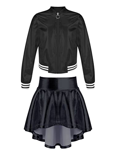 inhzoy Kinder Mädchen Shiny Tanz Outfit Metallic Sweatjacke Bomberjacke Tennis Skaterrock Faschingkostüm Show Moderne Dancewear Schwarz 146-152/11-12 Jahre von inhzoy