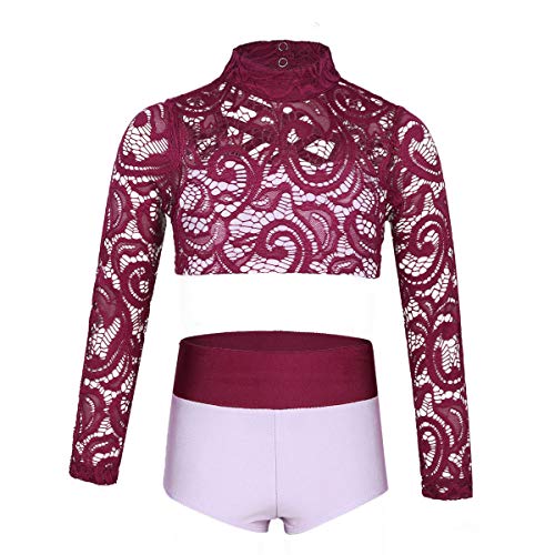 inhzoy Kinder Mädchen Spitze Ballettkleidung Sportanzug Tanztrikot Langarm Crop Top mit Briefs Outfit Set Gymnastikanzug Dancewear Burgund & Lavendel 164 von inhzoy