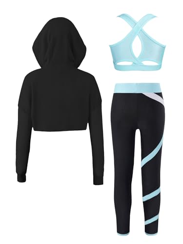 inhzoy Kinder Mädchen Trainingsanzug 3-Teiliges Workout Set Sport Outfit Sport Leggings BH und Hoodie Jazz Dance Hip Hop Tanzkleidung Hellblau_A 170 von inhzoy
