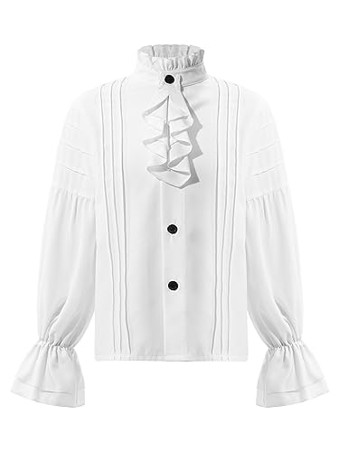 inhzoy Kinder Mittelalter Pirat Hemd Langarm Plissee Rüschen Hemd Bluse Viktorian Gothic Steampunk Halloween Karneval Cosplay Top A_Weiß 146-152 von inhzoy