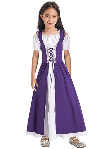 inhzoy Kinder Mittelalterliches Kleid Mädchen Renaissance Prinzessin Kleid Karneval Hallwoeen Partykleid Festkleid Ballkleid Lang Dunkelviolett_A 134-140 von inhzoy