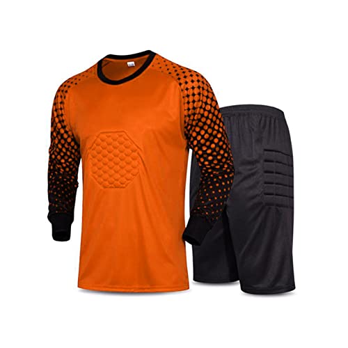 inhzoy Kinder Torwartset Torwarttrikot Set für Jungen Fußball Trikots Gepolstert T-Shirt Shorts Kurze Protektorenhose Traningsset A_Orange 146-158 von inhzoy