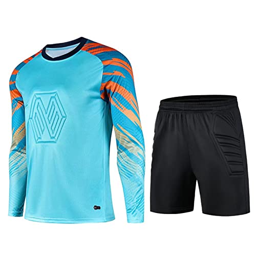 inhzoy Kinder Torwartset Torwarttrikot Set für Jungen Fußball Trikots Gepolstert T-Shirt Shorts Kurze Protektorenhose Traningsset C_Blau 140-152/10-12 Jahre von inhzoy