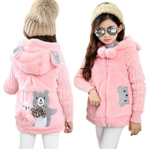 inhzoy Kinder Winter Teddy Jacke Mädchen Warme Fleecejacke mit Kapuze Cartoon Bär Kaninchen Hoodie Winter Mantel Schneeanzüge Outwear Rosa 134-140 von inhzoy