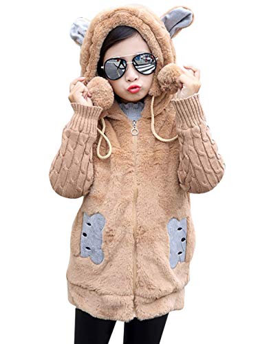 inhzoy Kinder Winter Teddy Jacke Mädchen Warme Fleecejacke mit Kapuze Cartoon Bär Kaninchen Hoodie Winter Mantel Schneeanzüge Outwear Khaki 122-128 von inhzoy