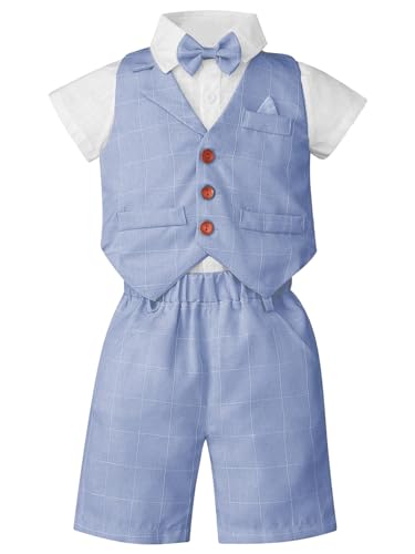 inhzoy Kleinkinder Baby Jungen Gentleman Anzug Mantel Fliege Weste Hemd Hose 3tlg Outfit für Taufe Festlich Geburtstag Hochzeit Himmelblau_J 110-116/5-6 Jahre von inhzoy