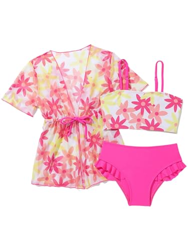 inhzoy Mädchen Badeanzug 3 Stück Bikini Set Und Blumenmuster Kurzarm Cover Up Kinder Strandmode Gr. 98-122 Hotpink 98-104 von inhzoy