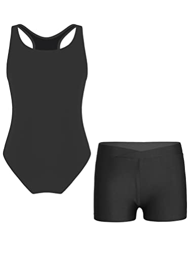 inhzoy Mädchen Badeanzug Mit Shorts Ringerrücken Schwimmoverall Shorts Set Sport Training Bademode Strandkleidung Sonnenanzug A_Schwarz 158-164/13-14 Jahre von inhzoy