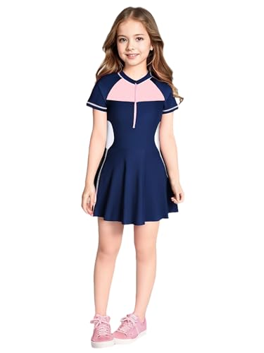inhzoy Mädchen Badeanzug mit Rock Kurzarm Badekleid mit Innenshorts Sommer Sport Bademode Kinder Badekleidung Strand Beachwear Dunkelblau 110-116 von inhzoy