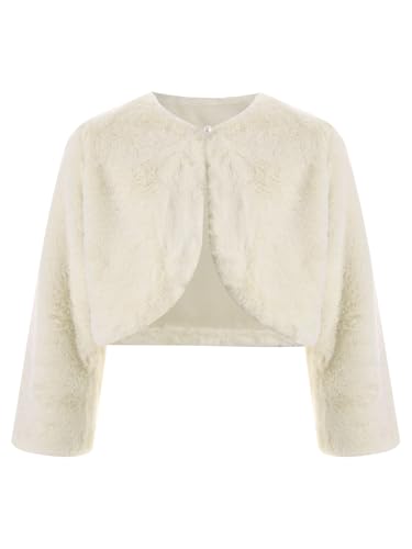 inhzoy Mädchen Bolero Jacke Festlich Langarm Warme Kunstpelz Cardigan Hochzeit Blumenmädchen Kleid Abendkleid Jacke Beige 92-98 von inhzoy