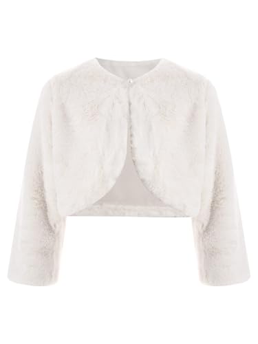 inhzoy Mädchen Bolero Jacke Festlich Langarm Warme Kunstpelz Cardigan Hochzeit Blumenmädchen Kleid Abendkleid Jacke Weiß 140-152 von inhzoy