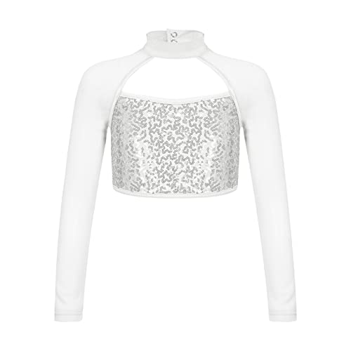 inhzoy Mädchen Crop Top Bauchfrei Langarmshirt Glitzer Mesh Pailletten Langarm Sport T-Shirt Oberteile für Ballett Tanz Gymnastik Silber 122-128/7-8 Jahre von inhzoy