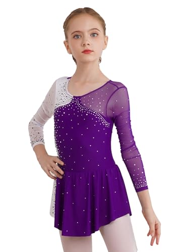inhzoy Mädchen Eiskunstlauf Kleid Glitzer Mesh-Spleiß Eislaufen Ballett Tanzkleider Turn-Trikot Gymnastik Kleid Performance Wettbewerb Skating Wear A_Violett 134-140/9-10 Jahre von inhzoy