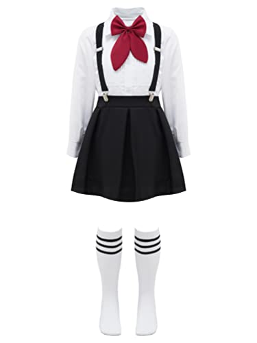 inhzoy Mädchen Faltenrock Set Sommer Japan England Schuluniform Kurzarm Bluse Hosenträger Minirock mit Krawatte Chor Kostüm C_Schwarz 122-128/7-8 Jahre von inhzoy