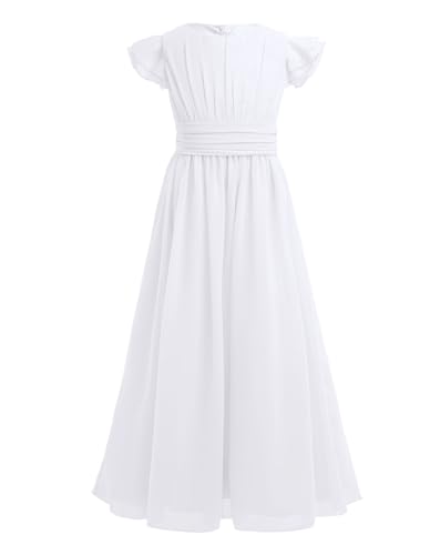 inhzoy Mädchen Festliche Kleider Lang Prinzessin Kleid Hochzeit Festtag Abendkleid Partykleid Chiffon Spitze Sommerkleider Gr.104-176 White 152/12 Jahr von inhzoy