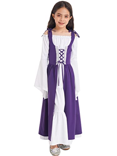 inhzoy Mädchen Festliches Kleid Retro Mittelalter Renaissance Kleidung Carmen Kleid mit Trompetenärmel Halloween Fasching Karneval Kostüm Violett 122-128/7-8 Jahre von inhzoy