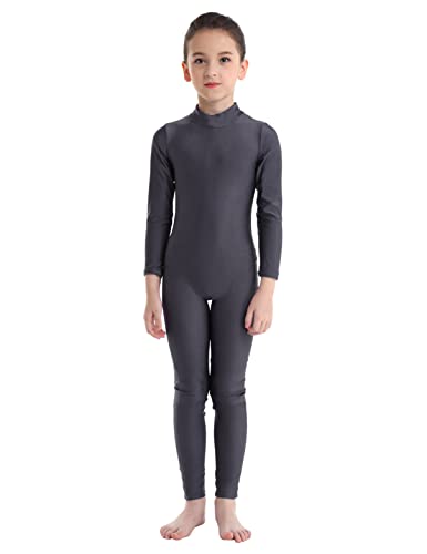 inhzoy Mädchen Gymnastikanzug Ganzkörper Turnanzug Langarm Jumpsuit Overall Einteile Ballettkleidung Tanzanzug Sport Bodysuit Trainingsanzug Dunkelgrau 134-140/9-10 Jahre von inhzoy