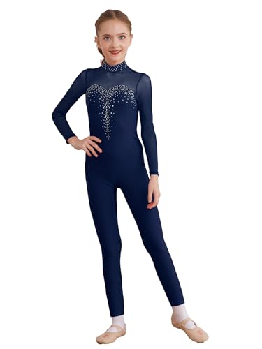 inhzoy Mädchen Gymnastikanzug Ganzkörper Turnanzug Langarm Jumpsuit Overall Einteile Ballettkleidung Tanzanzug Sport Bodysuit Trainingsanzug Marineblau 134-140 von inhzoy