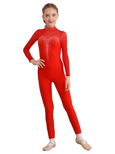 inhzoy Mädchen Gymnastikanzug Ganzkörper Turnanzug Langarm Jumpsuit Overall Einteile Ballettkleidung Tanzanzug Sport Bodysuit Trainingsanzug Rot 158-164 von inhzoy